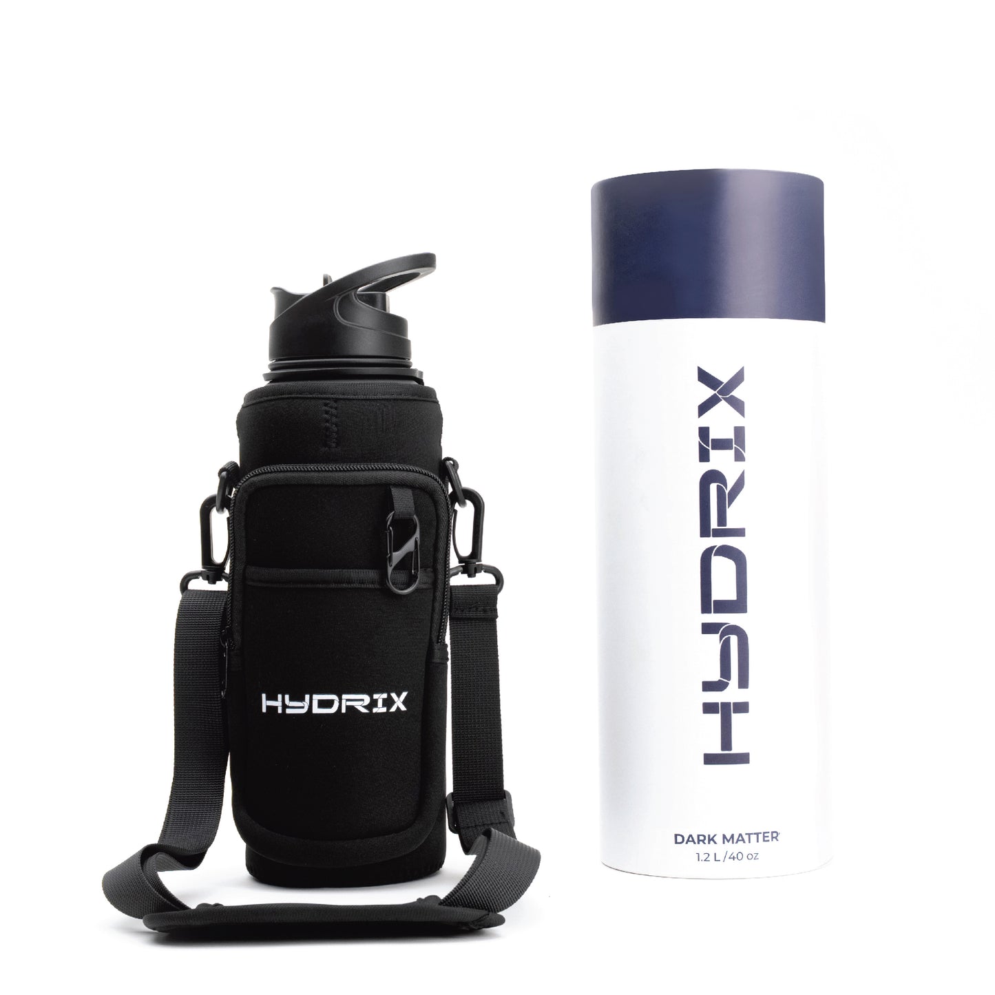 Hydrix Dark Matter 40oz black bottle with sleeve – great for office desks, gym bags, or travel in UAE