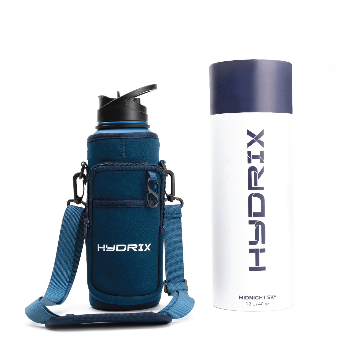 Hydrix Midnight Sky 40oz navy blue bottle with sleeve – designed for gym sessions or office use in the UAE